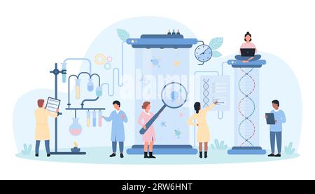 Epidémiologie, étude des micro-organismes en illustration vectorielle de laboratoire. Les scientifiques minuscules de dessin animé recherchent des bactéries microscopiques et des virus dans l'expérience de laboratoire, l'analyse par des personnes avec la loupe Illustration de Vecteur