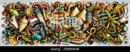 Illustration vectorielle avec le thème Egypte doodles. Design de bannière vibrant et accrocheur, capturant l'essence de la culture et des traditions égyptiennes à travers Illustration de Vecteur