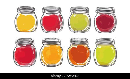 Définir. Confiture de fruits et de baies, confiture, marmelade. Vecteur isolé. Jus de fruits en conserve, compote. 8 pots colorés de confiture de fruits. Jaune, rouge, orange, vert. Maison de mise en conserve vitamines Vegan dessert. conception Illustration de Vecteur