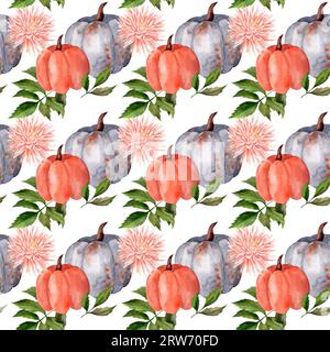 Citrouilles d'automne. Idéal pour l'automne, Thanksgiving, vacances, tissus, textiles. Motif aquarelle sans couture. Banque D'Images