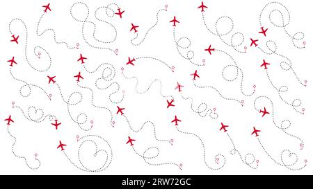 Ensemble de trajectoires d'avion ou d'itinéraires d'avion. Concept de voyage à partir du point de départ et traçage de ligne pointillée. Suivi des avions, trajectoire de l'avion, voyage, pins de carte, locat Illustration de Vecteur