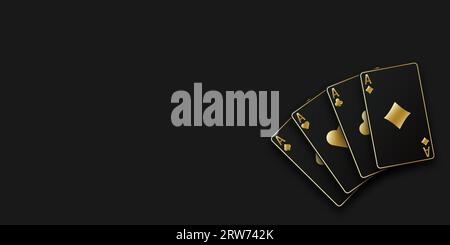 Un fan de main de cartes à jouer composé de quatre As de pique, diamants, trèfle, cœur noirs et dorés. Vector illustration poker et casino de tout th Illustration de Vecteur