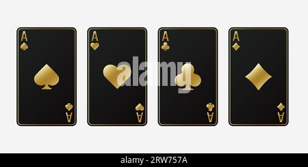 Coeurs d'or, pique, diamants, clubs signe de cartes. Ensemble de combinaisons de cartes à jouer ACES noires. Poker ou casino, concept de jeu. Une main de poker gagnante. Templat Illustration de Vecteur