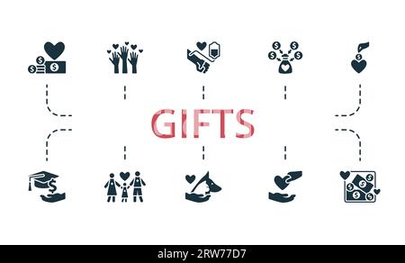 Ensemble de cadeaux. Icônes créatives : philanthropie, bénévolat, don de sang, collecte de fonds, don, bourse d'études, placement familial, soins aux animaux, charité Illustration de Vecteur
