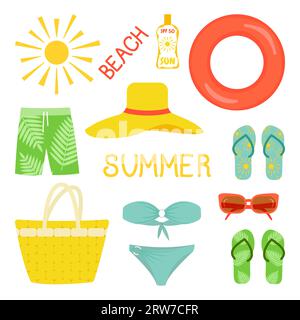 Collection d'éléments d'été Cartoon. Plage, accessoire d'été. Illustration de Vecteur