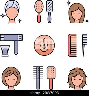 Jeu de symboles de brosse et brosse à cheveux. Soin et maintien des cheveux sains, jeu d'icônes. Amélioration de l'état, peignage, et utilisation de shampooing, revitalisant, co Illustration de Vecteur