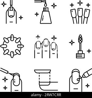 Equipement pour jeu d'icônes de manucure. Contour ensemble d'équipement pour manucure. Illustration de ligne d'outils de manucure. Vecteur isolé sur fond blanc. Pictog Illustration de Vecteur