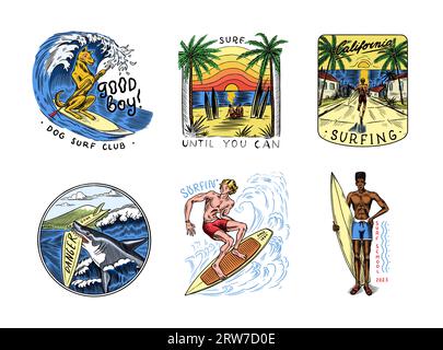 Badge surf, logo Vintage surfer. Wave rétro et paume. Jeu de broches été Californie. Homme sur la planche de surf, la plage et la mer. Emblème gravé à la main Illustration de Vecteur