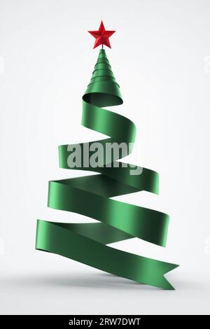 arbre de noël en ruban de satin vert avec une étoile rouge en haut Banque D'Images