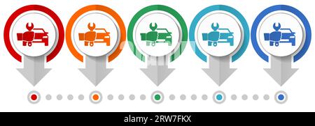 Jeu d'icônes vectorielles de réparation de voiture, modèle infographique de conception plate, définir des icônes de concept de pointeur dans 5 options de couleur pour le webdesign et les applications mobiles Illustration de Vecteur