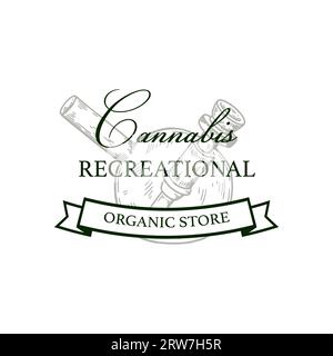 Modèle de logo vintage de magasin de cannabis avec des éléments dessinés à la main. Illustration vectorielle dans le style d'esquisse Illustration de Vecteur