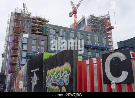 Les travaux se poursuivent sur un chantier de construction dans le quartier Merchant City de Glasgow. Graffiti sur palissade au premier plan, énorme grue et échafaudage dans le. Banque D'Images