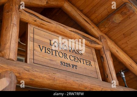 Panneau pour le centre des visiteurs de Lolo Pass, Lolo Pass, Idaho. Banque D'Images