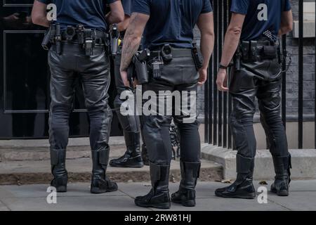 Des agents de sécurité armés de la police se préparent à entrer au 10 Downing Street. Londres, Royaume-Uni Banque D'Images