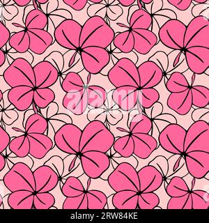 motif asymétrique sans couture de feuilles de trèfle dans les couleurs roses et les contouros noirs, design, texture Banque D'Images