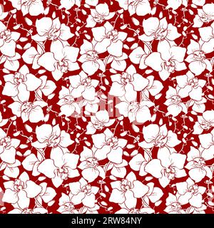 motif sans couture de grandes silhouettes blanches d'orchidées sur un fond rouge, texture, design Banque D'Images