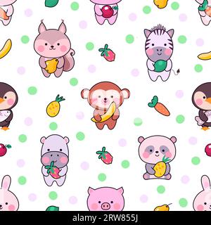 Motif sans couture d'animaux mignons. Motif animal Kawaii imprimé en tissu drôle. Texture bébé, dessins animés coréens caractères japonais. Graphique vectoriel Nowaday Illustration de Vecteur