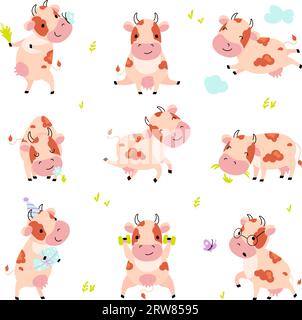 Jolie vache. Vaches drôles de dessin animé, animaux de ferme laitière. Mammifères humoristiques marchant, mangeant et s'entraînant. Caractères vectoriels émotionnels enfantins de nos jours Illustration de Vecteur