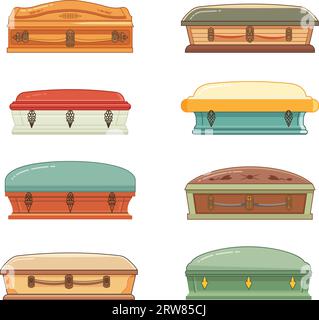 Cercueil isolé de dessin animé. Équipement de service funéraire, cercueils plats de couleur avec décor. Sarcophage funéraire de Pharaon, éléments mortuaires décents de vecteur Illustration de Vecteur