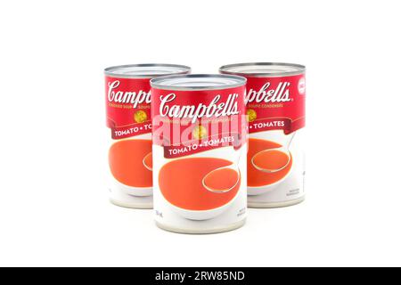 Boîtes de soupe aux tomates Campbell's photographiées sur fond blanc. Banque D'Images