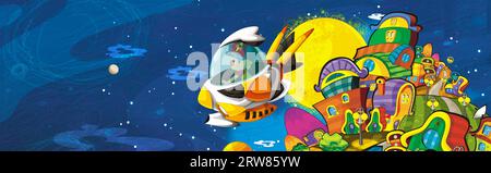 Dessin animé drôle scène colorée du cosmos galactique extraterrestre ufo isolé illustration pour les enfants Banque D'Images