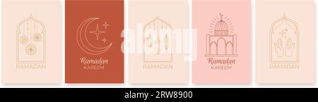 Cartes de voeux arabes avec mosquée. Imprimé Ramadan kareem. Invitation ou couverture graphique avec des éléments musulmans, vecteur racé islam Set Illustration de Vecteur