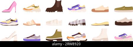Chaussures décontractées. Conception de types de chaussures, chaussures à la mode masculines et féminines. Modèles isolés de baskets et de bottes élégantes. Ensemble vectoriel racé de mode Illustration de Vecteur