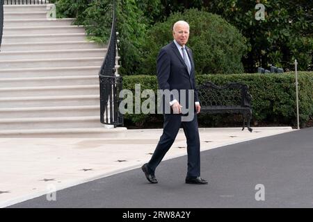 Washington, États-Unis. 17 septembre 2023. Le président des États-Unis Joe Biden quitte la Maison Blanche à Washington DC pour se rendre à New York pour assister à l'Assemblée générale des Nations Unies, le 17 septembre 2023. Crédit : Chris Kleponis/Pool/ABACAPRESS.COM crédit : Abaca Press/Alamy Live News Banque D'Images