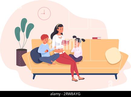 Nounou lisant des enfants. Jeune maman ou baby-sitter lire le livre pour les enfants sur un canapé confortable à la maison, parents baby-sitting service de garde d'enfants Happy love famille ensemble illustration vectorielle de concept Illustration de Vecteur