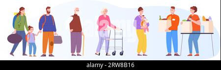 File d'attente pour les dons alimentaires. Sans-abri ou groupe de personnes âgées souffrant de la faim nourrissant la mère font la queue pour l'aide humanitaire, les bénévoles aidant la famille pauvre, illustration de vecteur de charité de la file d'attente de charité alimentaire Illustration de Vecteur