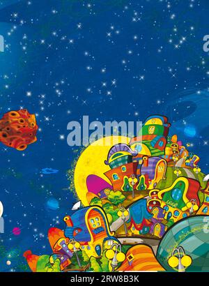 Dessin animé drôle scène colorée du cosmos galactique extraterrestre ufo isolé illustration pour les enfants Banque D'Images
