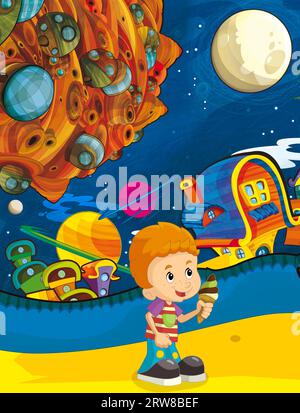 Dessin animé drôle scène colorée du cosmos galactique extraterrestre ufo isolé illustration pour les enfants Banque D'Images