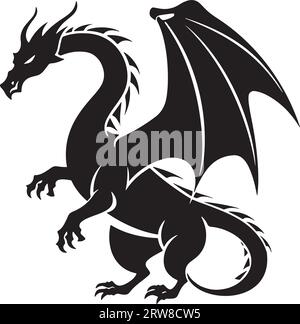 Silhouette de dragon volant isolée sur fond blanc, vecteur.Illustration du dragon volant.Personnage de dessin animé.Design noir et blanc.Décalcomanies murales, Illustration de Vecteur