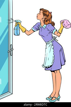 Service de nettoyage pour nettoyer votre maison. Femme au foyer responsable nettoie la maison. Une fille en uniforme lave une porte vitrée. Illustration de Vecteur