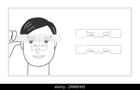 Distance pupillaire auto-mesurante des caractères avec pupillomètre manuel pour commander des lunettes. Flat Modern dessin animé style bleu couleur tendance illustration médicale vectorielle isolée sur blanc. Concept d'examen ophtalmique. Illustration de Vecteur