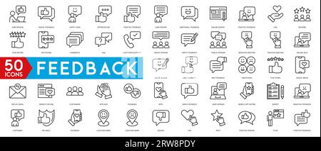 Collection d'icônes de contour de feedback. Le jeu de lignes minces contient des icônes telles que notation, Témoignages, réponse rapide, satisfaction et plus encore. Icônes Web simples Illustration de Vecteur