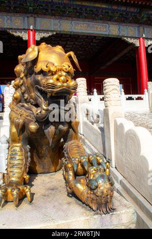 Gros plan vertical sur l'emblématique lion en bronze de la Cité interdite. C'était le palais impérial chinois de la dynastie Ming à la fin de la dynastie Qing Dyn Banque D'Images