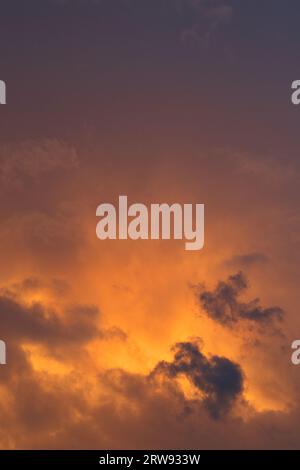 Alors que le jour descendait dans le crépuscule, une beauté éthérée s'est déployée sous la forme d'un ciel orange de coucher de soleil. Banque D'Images