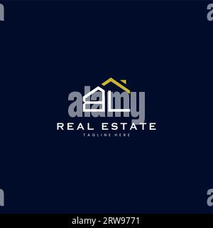Logo immobilier moderne BL lettre dans un style linéaire avec bâtiment de toit simple en bleu Illustration de Vecteur