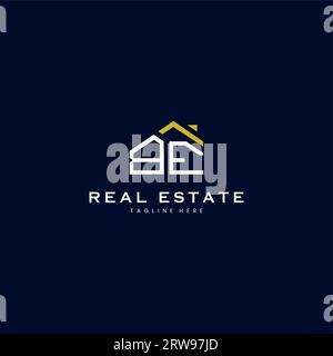 Logo immobilier moderne de lettre BE dans un style linéaire avec bâtiment de toit simple en bleu Illustration de Vecteur