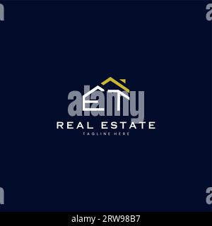 Logo immobilier moderne lettre et dans un style linéaire avec bâtiment de toit simple en bleu Illustration de Vecteur