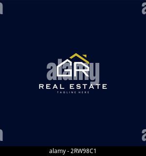 Logo immobilier moderne de lettre GR dans un style linéaire avec bâtiment de toit simple en bleu Illustration de Vecteur