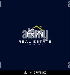 Logo immobilier de lettre RW moderne dans un style linéaire avec bâtiment de toit simple en bleu Illustration de Vecteur