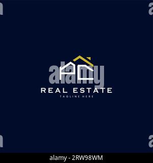 Logo immobilier lettre PC moderne dans un style linéaire avec bâtiment de toit simple en bleu Illustration de Vecteur
