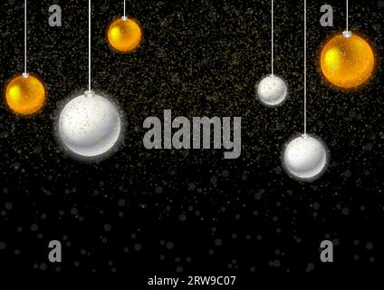 Décorations de boules de Noël dorées et argentées avec confettis pailletés sur fond noir enneigé. Conception Vector nouvel an Illustration de Vecteur