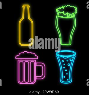 Ensemble de panneaux lumineux lumineux au néon multicolore pour un café-bar restaurant beau brillant avec des bouteilles de bière et des tasses sur un fond noir. Vector ill Illustration de Vecteur