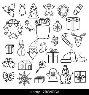 Un grand ensemble d'icônes simples en noir et blanc des choses de Noël festives linéaires du nouvel an : gouttelettes, bonhommes de neige, jouets, cadeaux, bonbons, chaussettes, noeuds, couronne Illustration de Vecteur