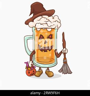 verre à bière halloween avec illustration vectorielle mascotte de visage mignon kawaii Illustration de Vecteur