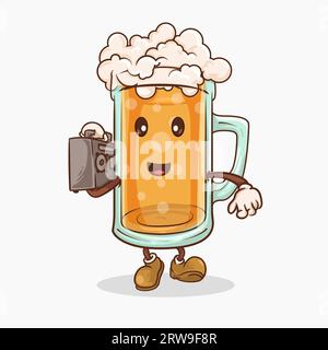 verre à bière avec mascotte de visage mignon kawaii tenant boîte à musique hip hop illustration vectorielle Illustration de Vecteur