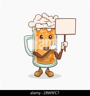 verre à bière avec mascotte de visage mignon kawaii soulever l'illustration vectorielle de papier vide Illustration de Vecteur